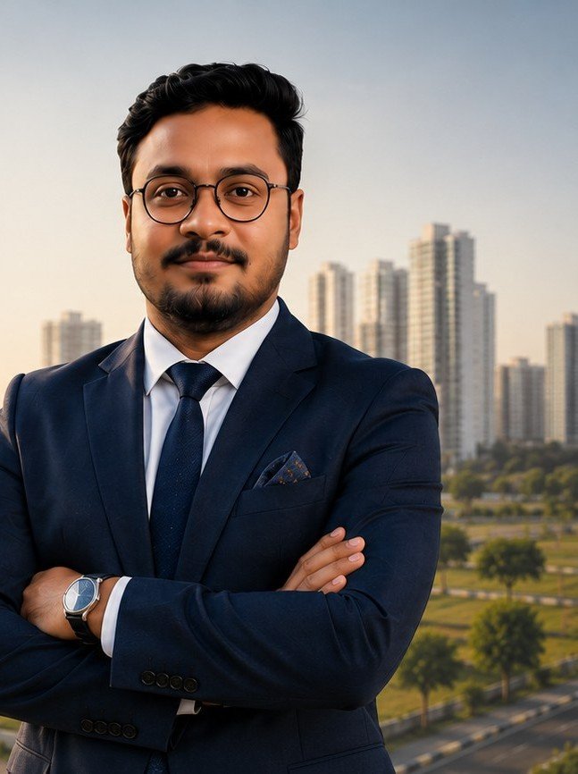 Rajeshwar Chari — Founder and Promoter, Chari Realty Group, against the Hyderabad skyline