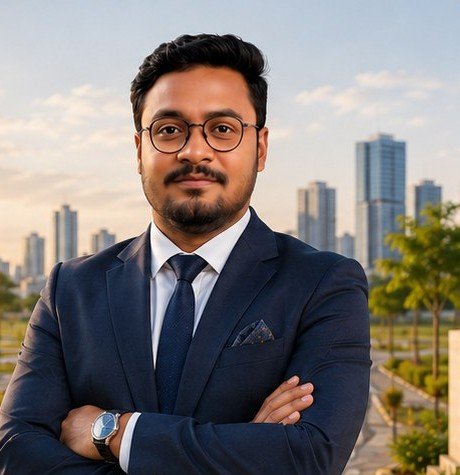 Rajeshwar Chari, Founder of Chari Realty Group, against the Hyderabad skyline