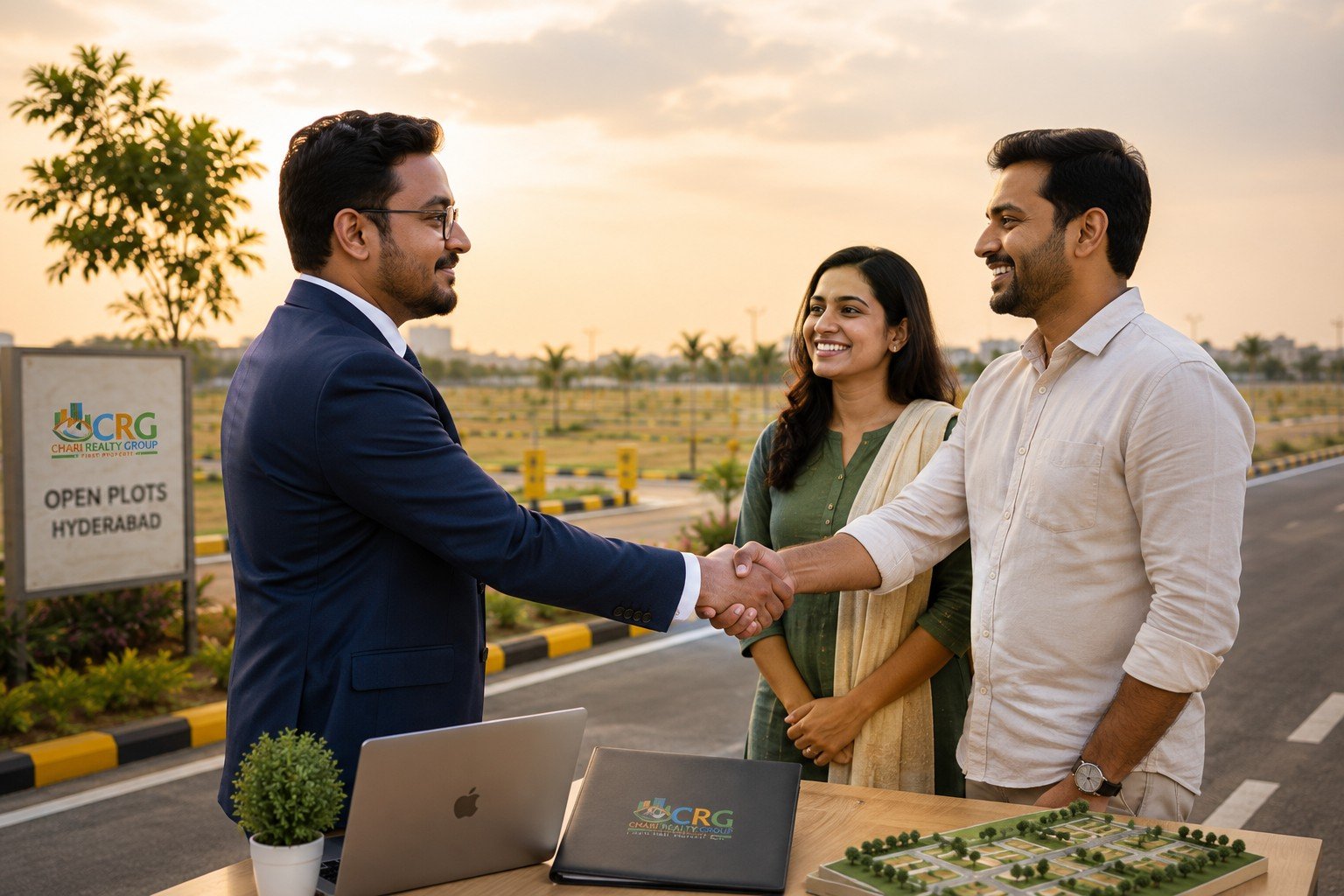 Rajeshwar Chari shaking hands with a happy customer couple at a Chari Realty Group open plot site